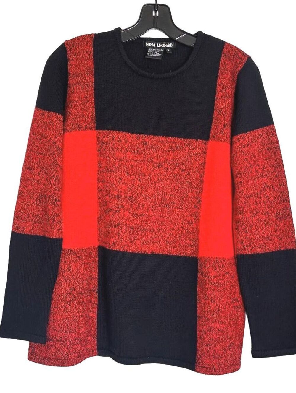 Nina Leonard Red Black Colorblock Knit Sweater Women’s Wool Blend - M